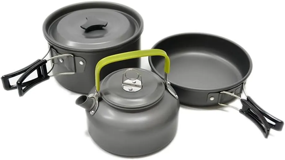 -Light Aluminum Alloy Camping Cookware Utensils Outdoor Cooking Teapot Picnic Tableware Kettle Pot Frying Pan 3pcs/Set
