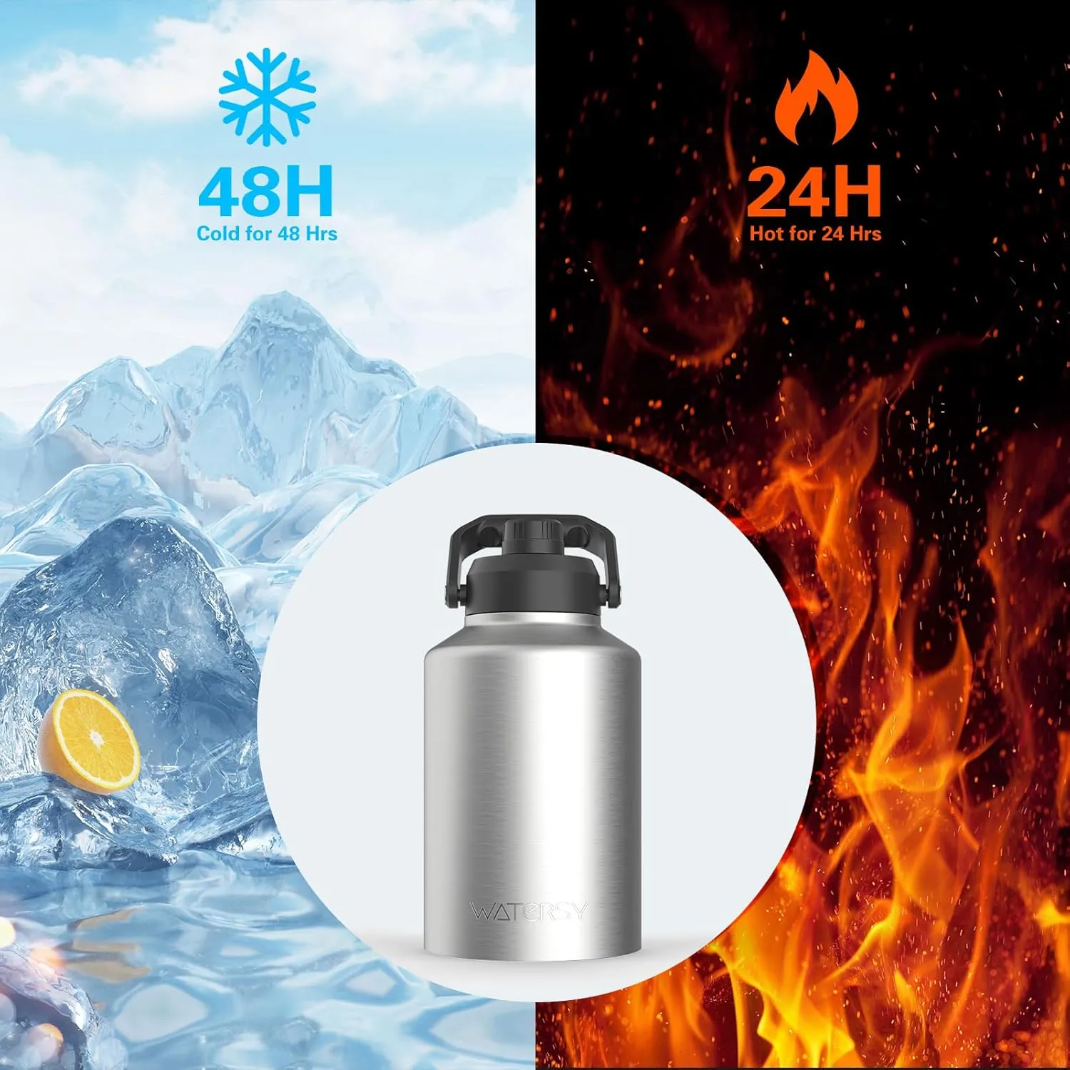 1 Gallon Water Bottle Insulated(Cold for 48 Hrs),BPA Free&Leak Proof,128oz Stainless Steel Water Jug,Big thermo,Large Water Bottle with Handle for Gym,Hiking,Camping&Travel,Stainless