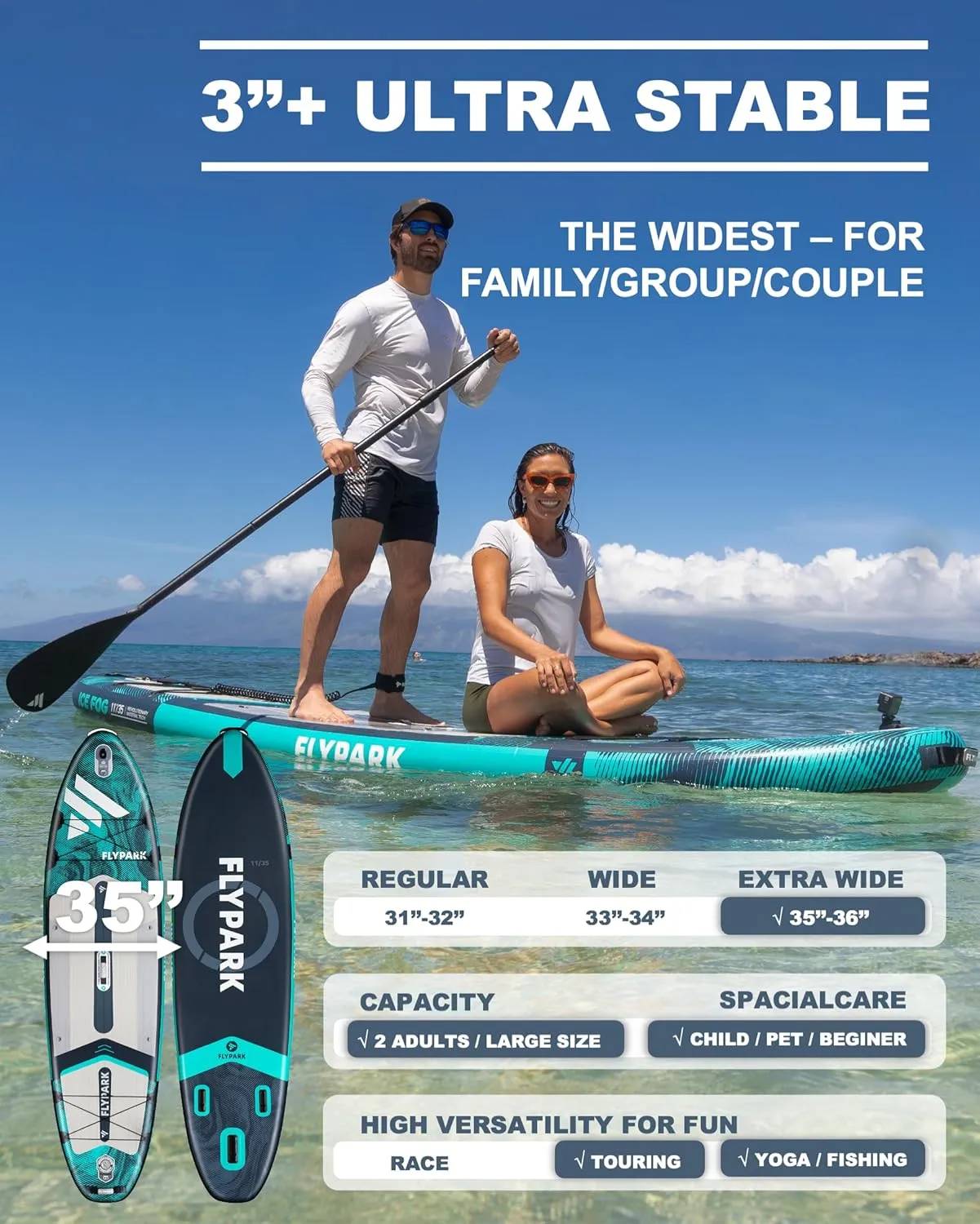 10'8/11'x35'' Fishing&Family Stable Inflatable Paddle Boards, Extra Wide SUP Paddleboard Inflatable, 430lb/3 People, Stand Up Paddle Board for Adults, Camera Mount, Shoulder Strap, Rod Holder