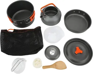 11 Piece Camping Cooking Set, Portable Multilayer Aluminum Alloy Cookware, with Anti Scalding Handles, Tea Kettle, Frying Pan, Ideal for 2 3 People, Outdoor Adventures