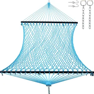 12ft Double Hammocks, Handwoven Traditional Cotton Rope Hammock with Hardwood Spreader Bar, Chains and Hooks for Indoor Outdoor, Max 450 lbs Capacity (Aqua, Full)