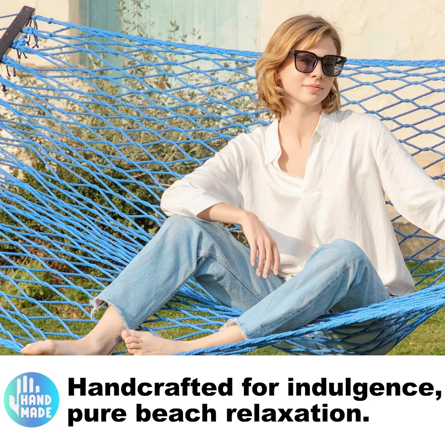 12ft Double Hammocks, Handwoven Traditional Cotton Rope Hammock with Hardwood Spreader Bar, Chains and Hooks for Indoor Outdoor, Max 450 lbs Capacity (Aqua, Full)