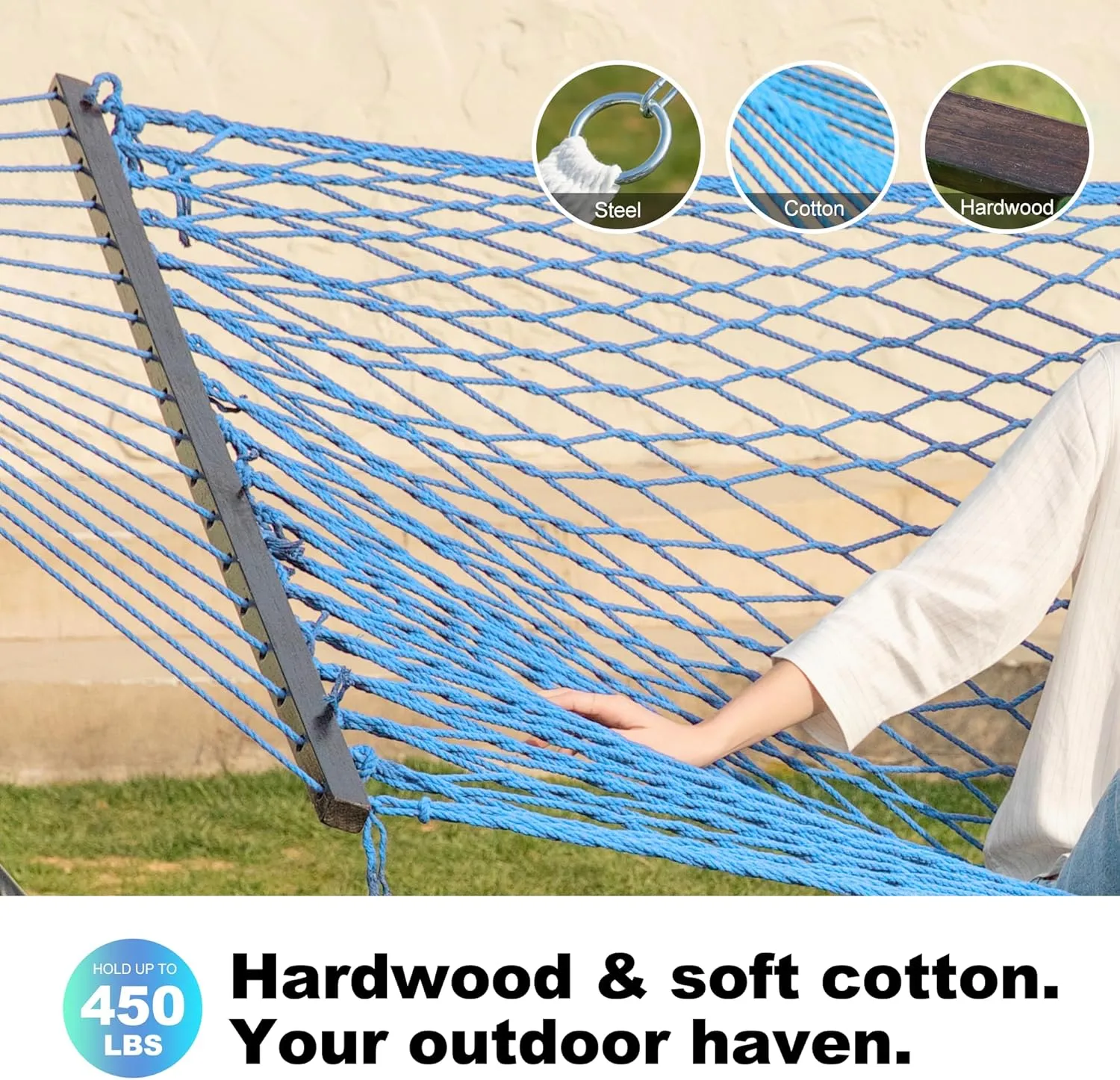 12ft Double Hammocks, Handwoven Traditional Cotton Rope Hammock with Hardwood Spreader Bar, Chains and Hooks for Indoor Outdoor, Max 450 lbs Capacity (Aqua, Full)