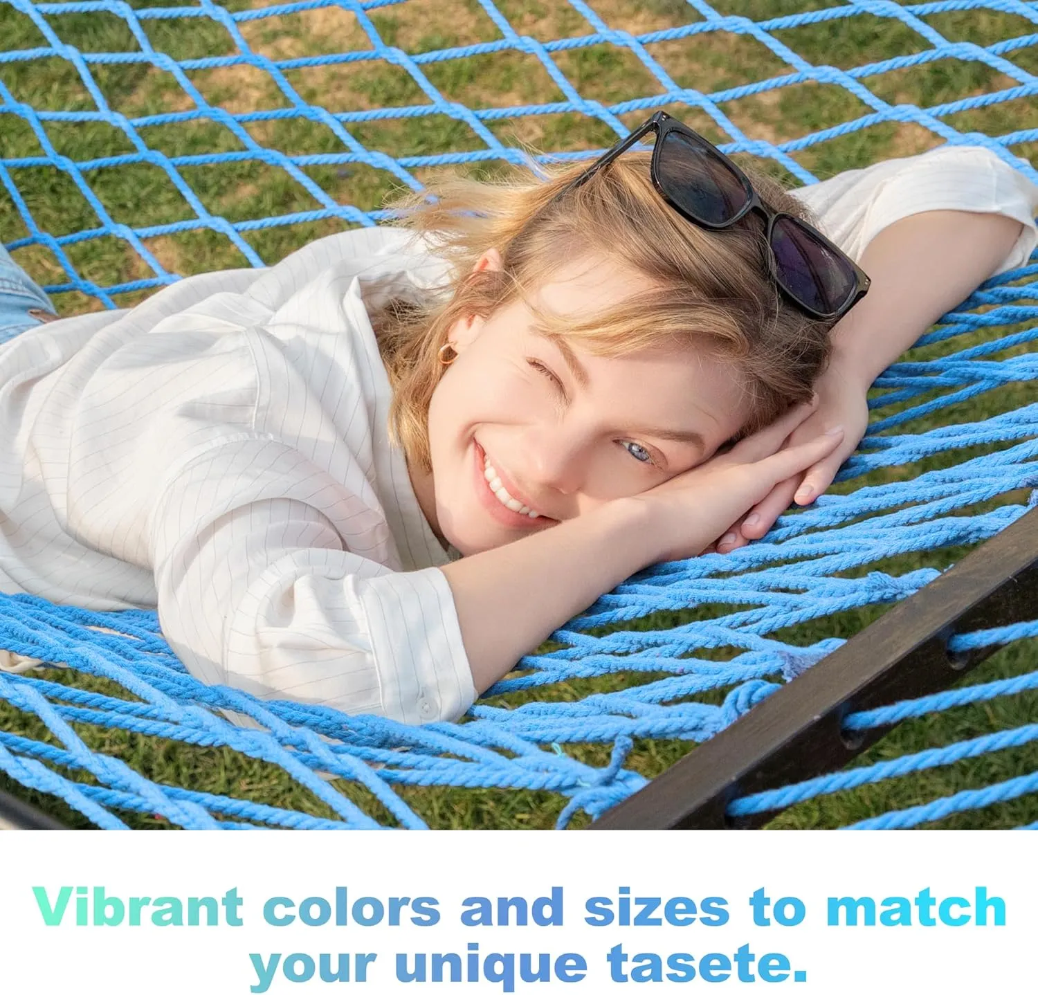12ft Double Hammocks, Handwoven Traditional Cotton Rope Hammock with Hardwood Spreader Bar, Chains and Hooks for Indoor Outdoor, Max 450 lbs Capacity (Aqua, Full)