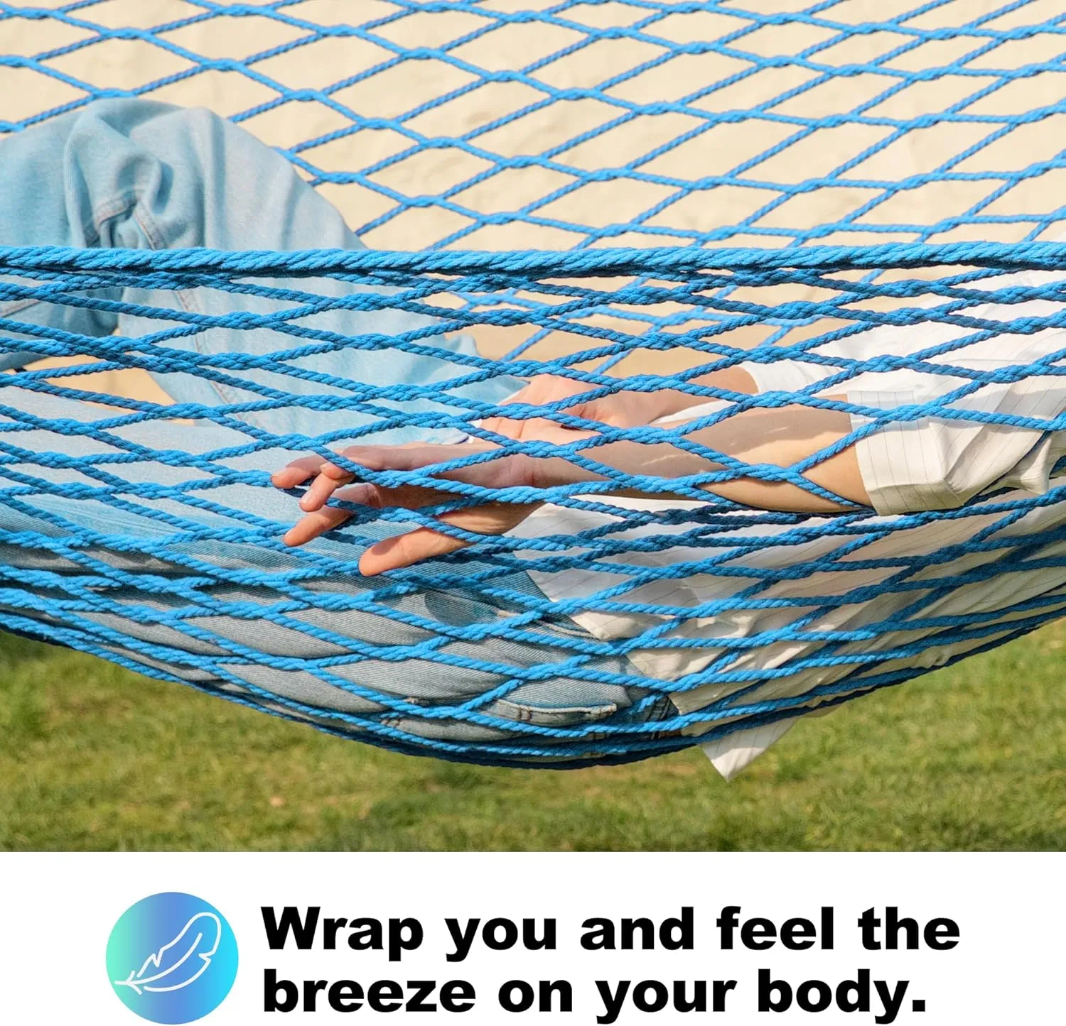 12ft Double Hammocks, Handwoven Traditional Cotton Rope Hammock with Hardwood Spreader Bar, Chains and Hooks for Indoor Outdoor, Max 450 lbs Capacity (Aqua, Full)