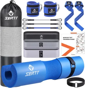12Pcs Foam Barbell Pad Set for Squats, SERTT Hip Thrust Pad Gym Essentials Set for Workout, 1 Gym Pad, 1 Carry Bag, 2 Lifting Strap, 2 Ankle Cuffs, 3 Ankle Risistance Band, 3 Hip Resistance Bands