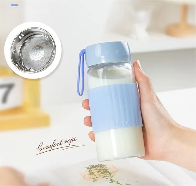13oz/380ml small glass water bottle with leak-proof Lid,Anti-slip silicone sleeve, Lightweight and portable drinking cup,tea infuser and Silicone strap (Lght Blue, 13oz)