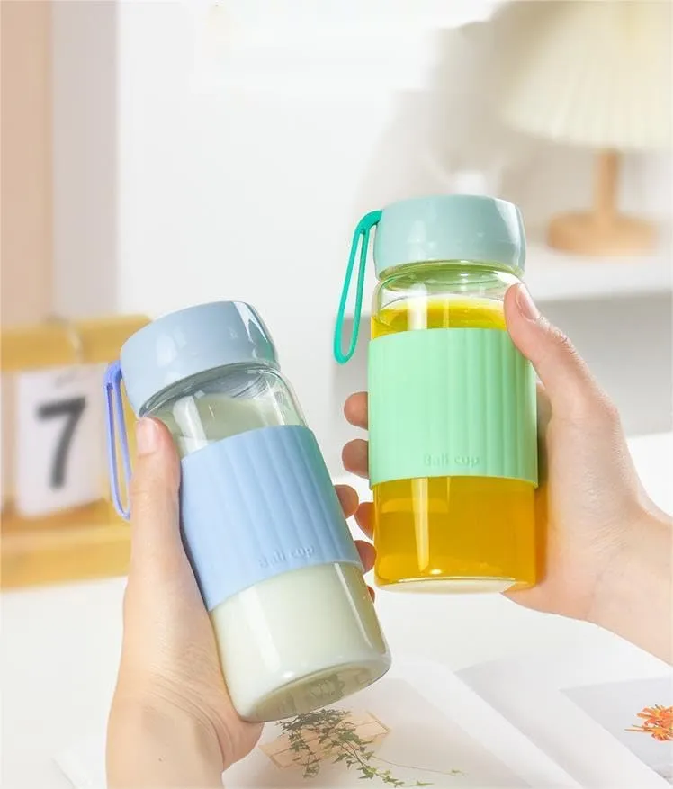 13oz/380ml small glass water bottle with leak-proof Lid,Anti-slip silicone sleeve, Lightweight and portable drinking cup,tea infuser and Silicone strap (Lght Blue, 13oz)