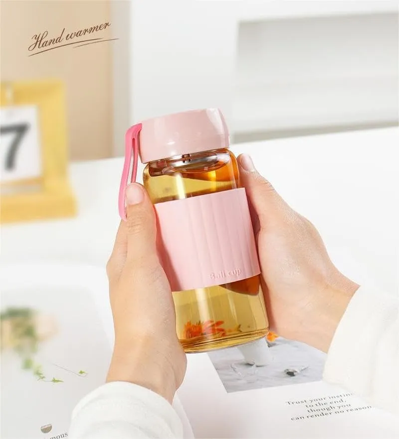 13oz/380ml small glass water bottle with leak-proof Lid,Anti-slip silicone sleeve, Lightweight and portable drinking cup,tea infuser and Silicone strap (Light Pink, 13oz)