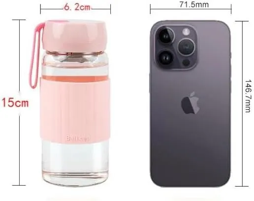 13oz/380ml small glass water bottle with leak-proof Lid,Anti-slip silicone sleeve, Lightweight and portable drinking cup,tea infuser and Silicone strap (Light Pink, 13oz)