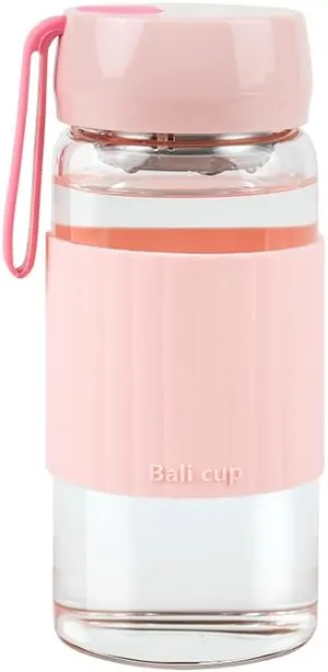 13oz/380ml small glass water bottle with leak-proof Lid,Anti-slip silicone sleeve, Lightweight and portable drinking cup,tea infuser and Silicone strap (Light Pink, 13oz)