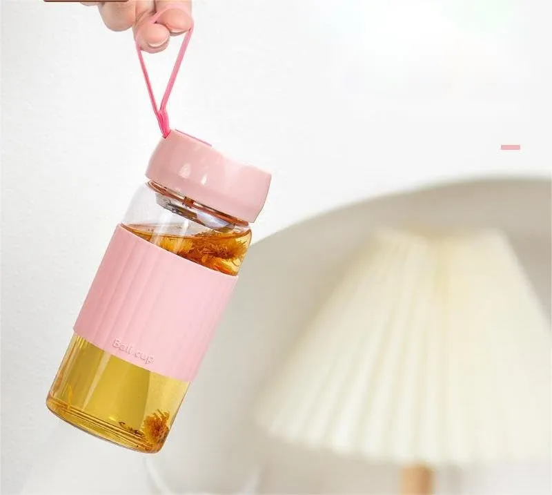 13oz/380ml small glass water bottle with leak-proof Lid,Anti-slip silicone sleeve, Lightweight and portable drinking cup,tea infuser and Silicone strap (Light Pink, 13oz)