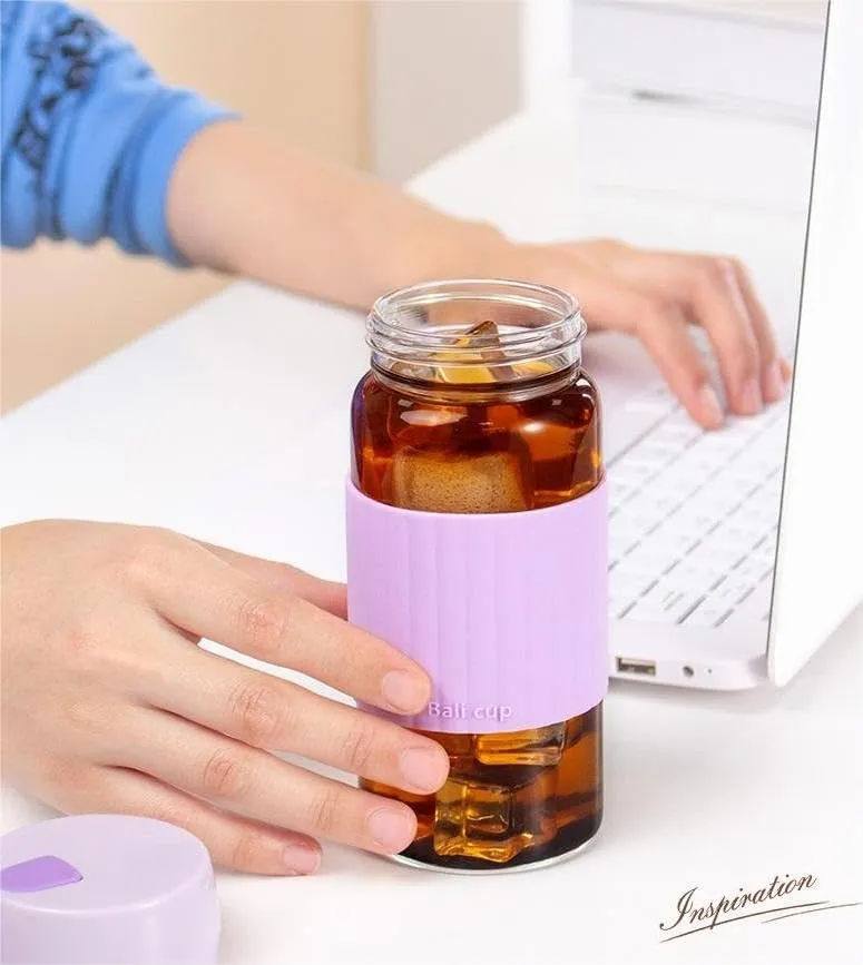 13oz/380ml small glass water bottle with leak-proof Lid,Anti-slip silicone sleeve, Lightweight and portable drinking cup,tea infuser and Silicone strap (Purple,13oz)
