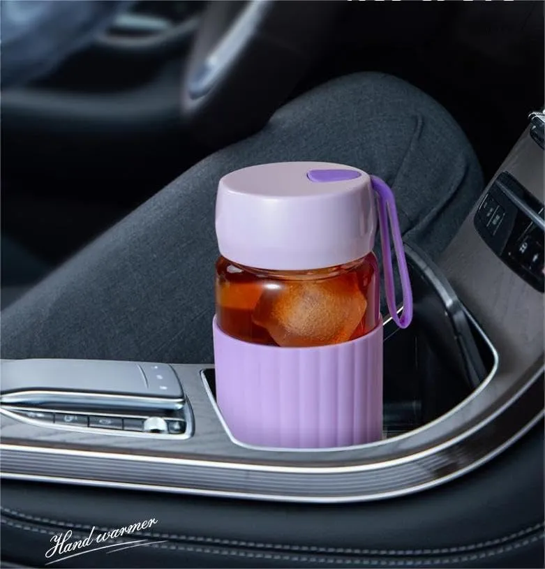 13oz/380ml small glass water bottle with leak-proof Lid,Anti-slip silicone sleeve, Lightweight and portable drinking cup,tea infuser and Silicone strap (Purple,13oz)