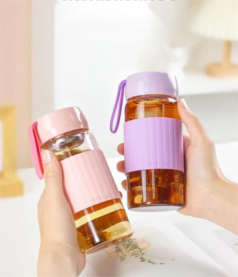 13oz/380ml small glass water bottle with leak-proof Lid,Anti-slip silicone sleeve, Lightweight and portable drinking cup,tea infuser and Silicone strap (Purple,13oz)