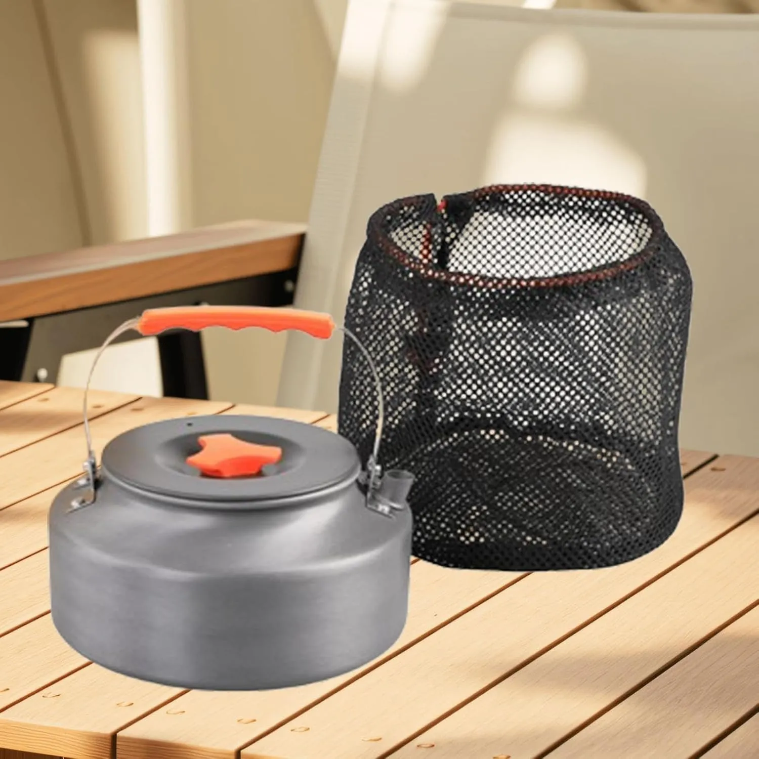 1.6L Camping Kettle Coffee Pot Water Kettle, Lightweight Picnic Teapot for Boiling Water for Picnic Fishing Outdoor, Orange handle