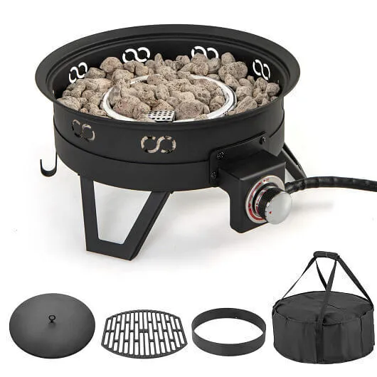 17 Inch Portable Gas Fire Pit with Folding Legs and Removable Grill for Camping-