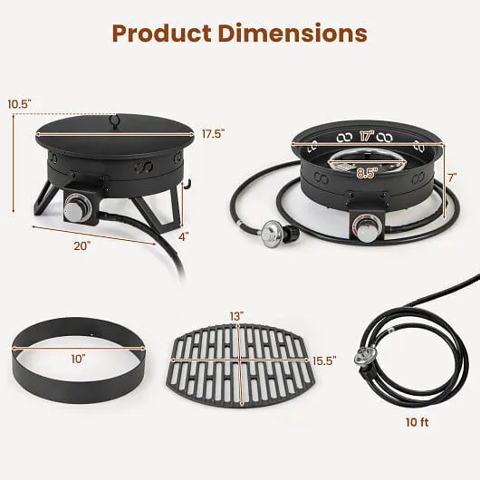 17 Inch Portable Gas Fire Pit with Folding Legs and Removable Grill for Camping-