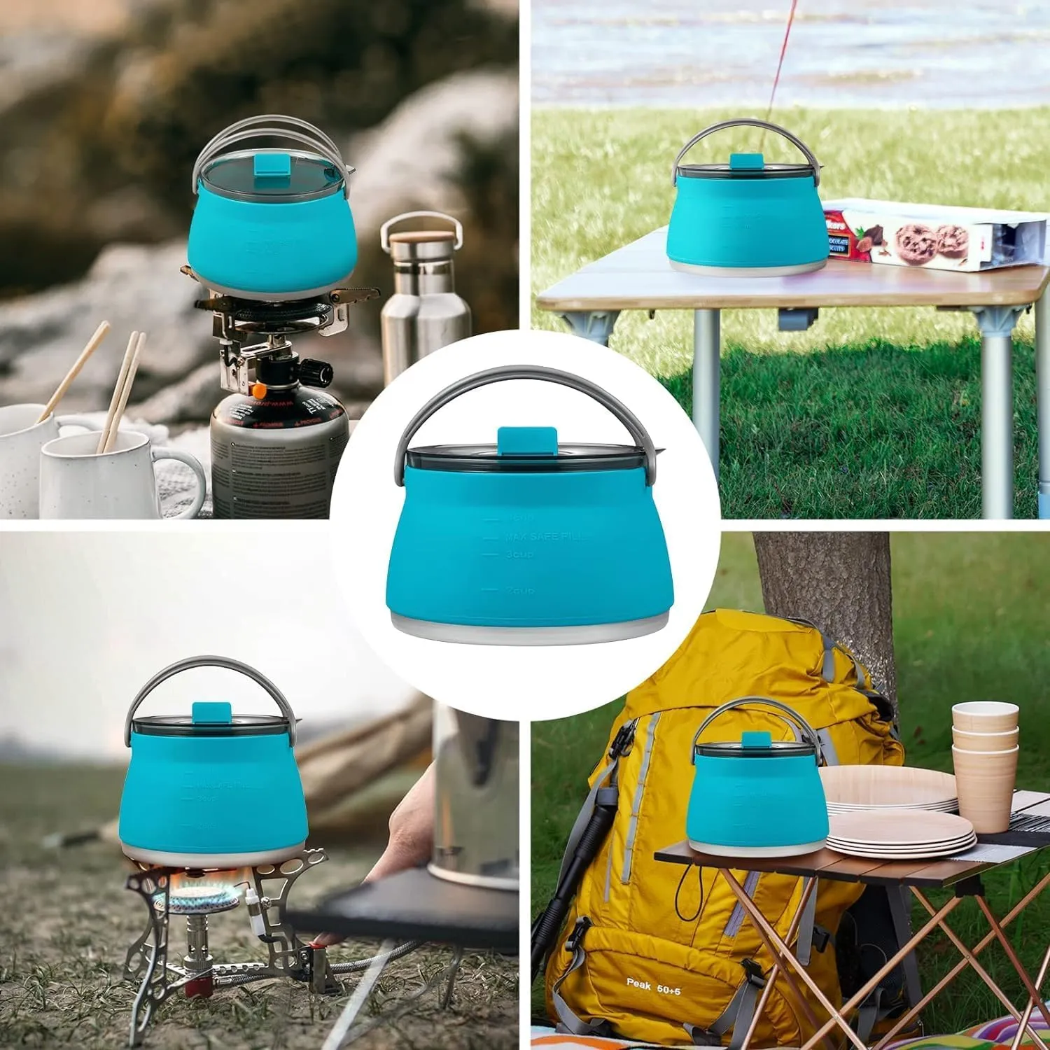 1L Collapsible Camping Kettle, Portable Travel Kettle Folding Silicone Camping Cook Pot Foldable Compact Hiking Water Boiler and Warmer,Red
