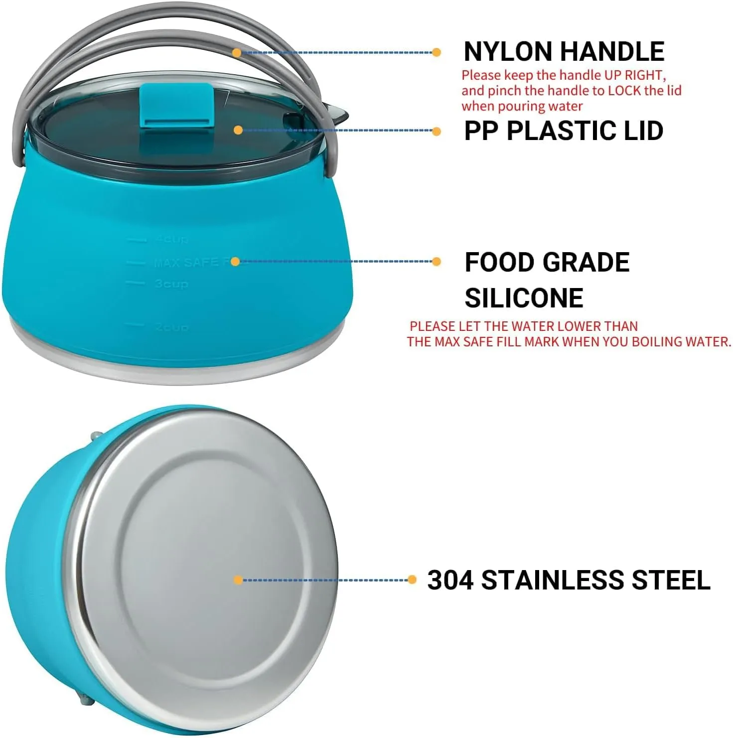 1L Collapsible Camping Kettle, Portable Travel Kettle Folding Silicone Camping Cook Pot Foldable Compact Hiking Water Boiler and Warmer,Red