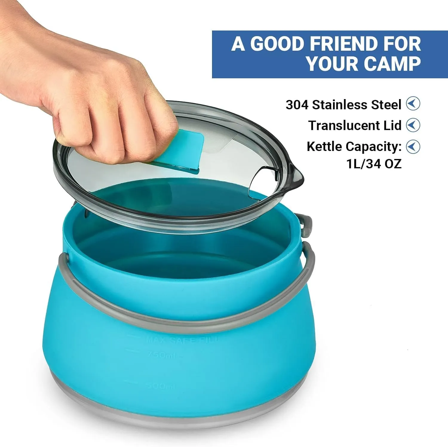 1L Collapsible Camping Kettle, Portable Travel Kettle Folding Silicone Camping Cook Pot Foldable Compact Hiking Water Boiler and Warmer,Red