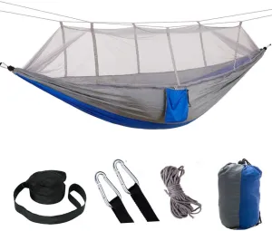 2 Person Camping Hammock with Mosquito Net Outdoor Strength Parachute Fabric Sleep Swing Portable Hanging Bed for Garden (Grey)