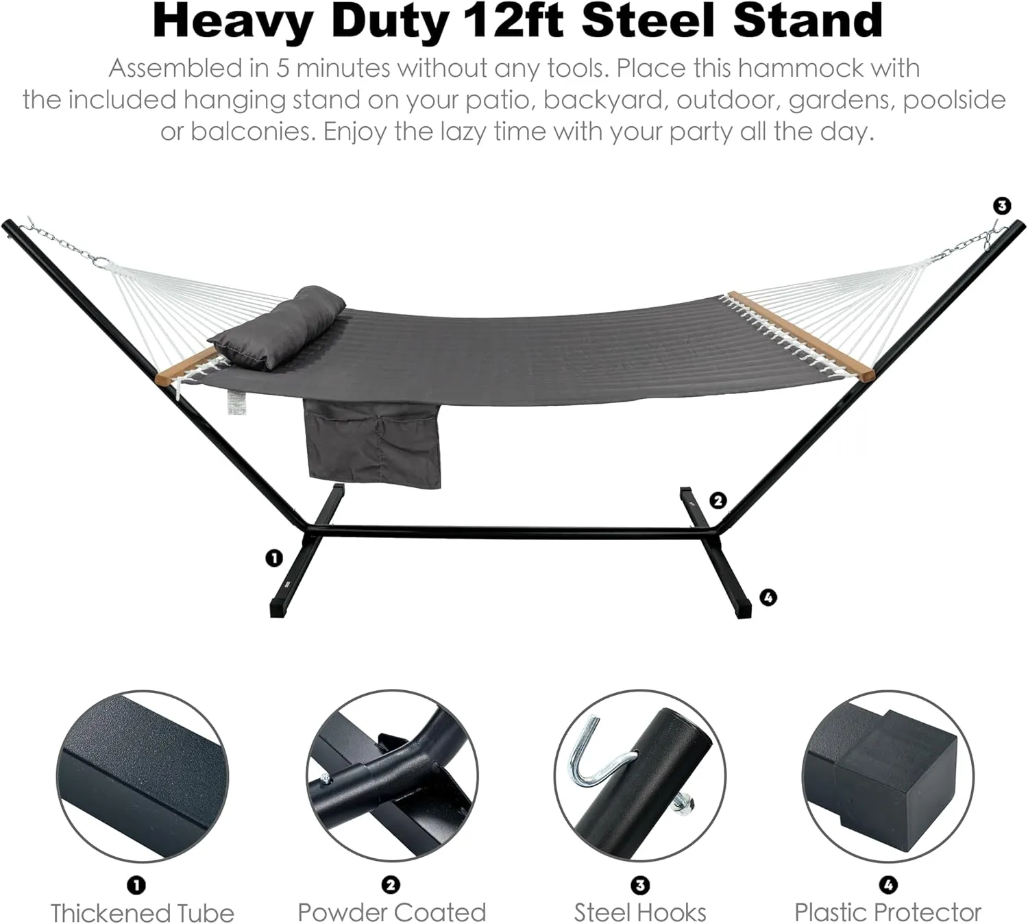 2 Person Hammock with Stand for Outside, 12ft Heavy Duty Steel Stand, Double Hammocks with Hardwood Spreader Bar, Large Pillow, Side Pockets, Max 475 lbs Capacity (Dark Grey)