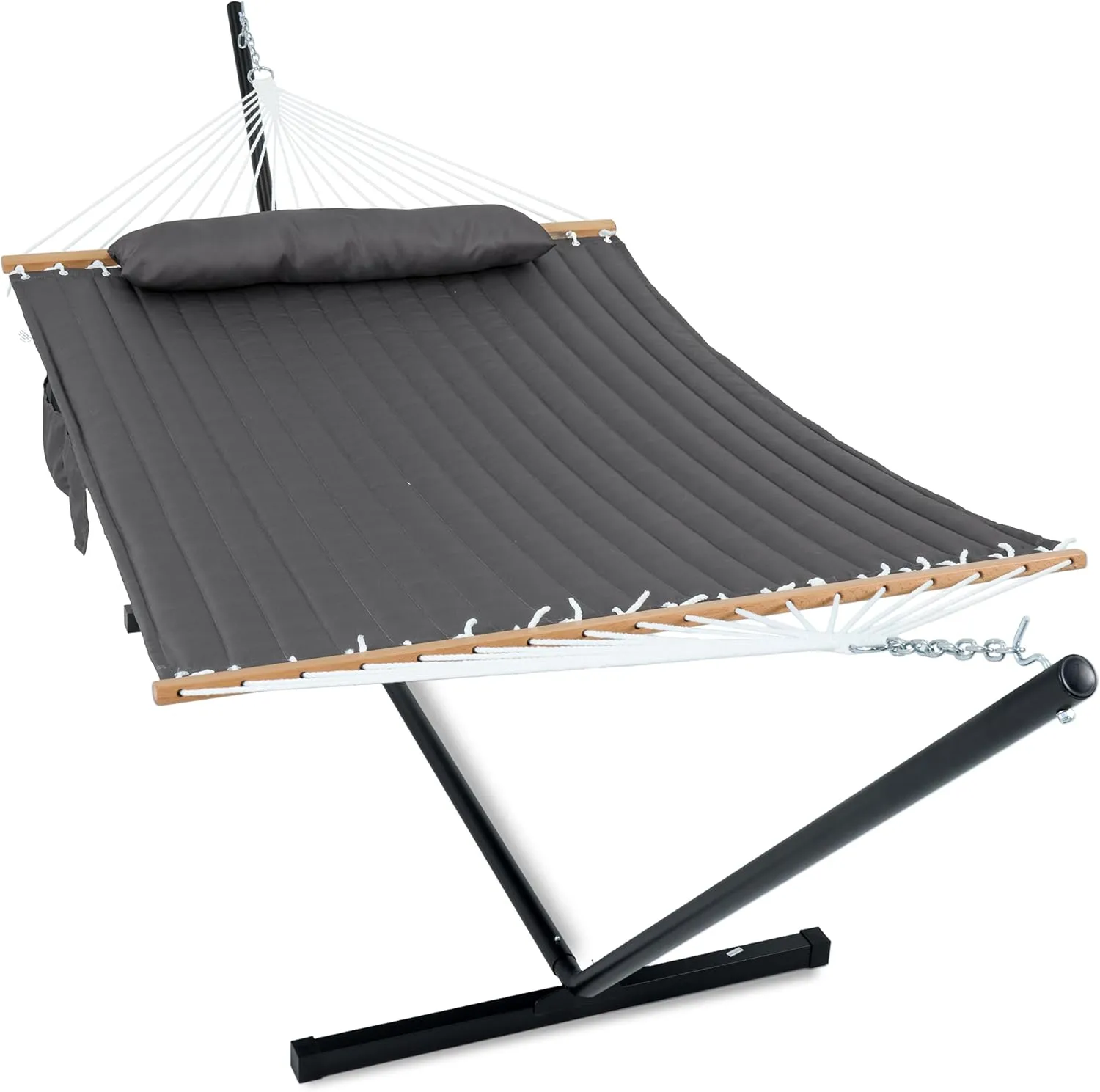 2 Person Hammock with Stand for Outside, 12ft Heavy Duty Steel Stand, Double Hammocks with Hardwood Spreader Bar, Large Pillow, Side Pockets, Max 475 lbs Capacity (Dark Grey)