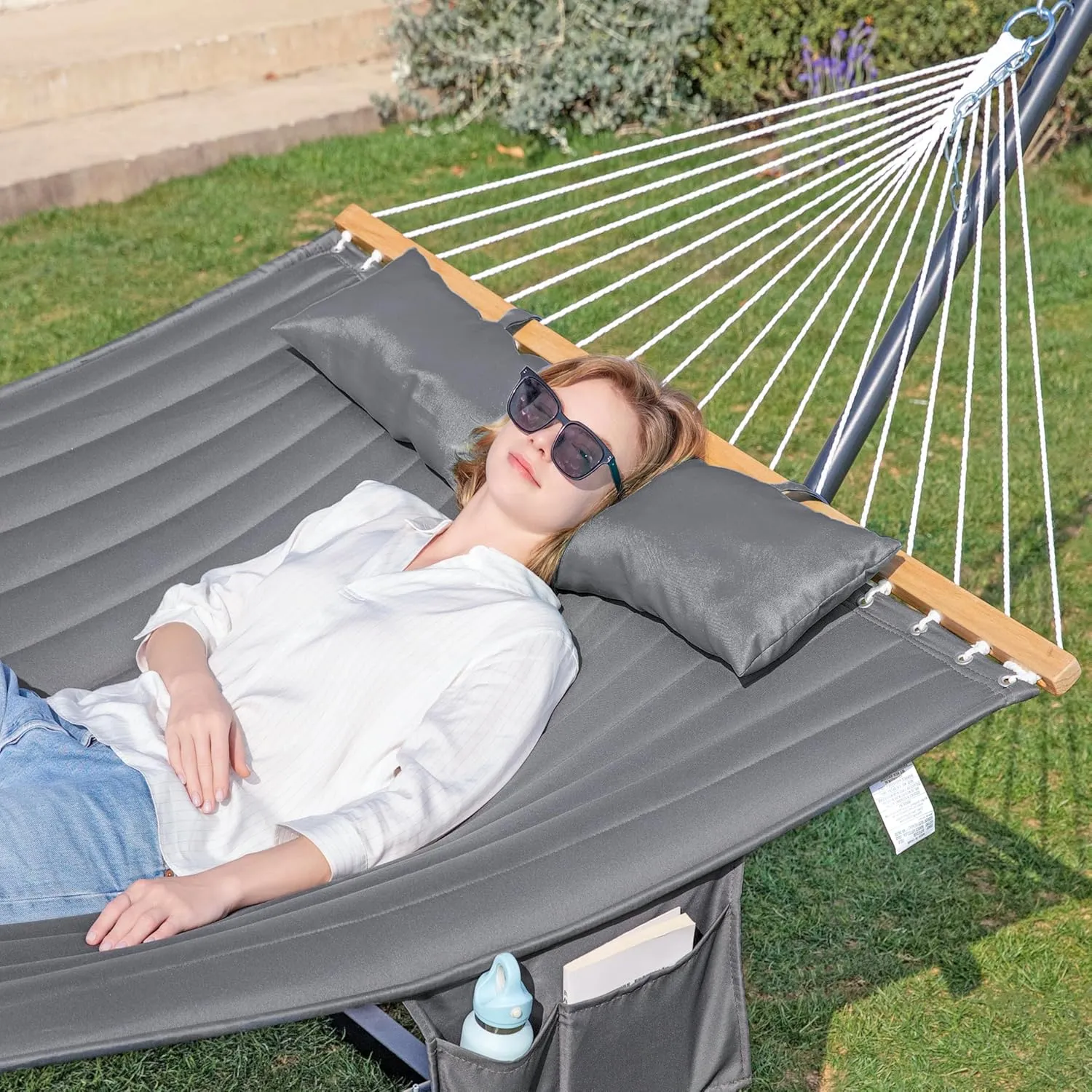 2 Person Hammock with Stand for Outside, 12ft Heavy Duty Steel Stand, Double Hammocks with Hardwood Spreader Bar, Large Pillow, Side Pockets, Max 475 lbs Capacity (Dark Grey)