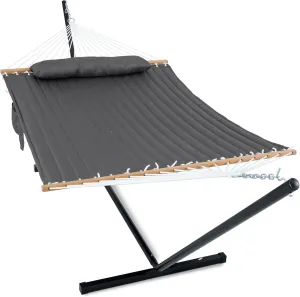 2 Person Hammock with Stand for Outside, 12ft Heavy Duty Steel Stand, Double Hammocks with Hardwood Spreader Bar, Large Pillow, Side Pockets, Max 475 lbs Capacity (Dark Grey)