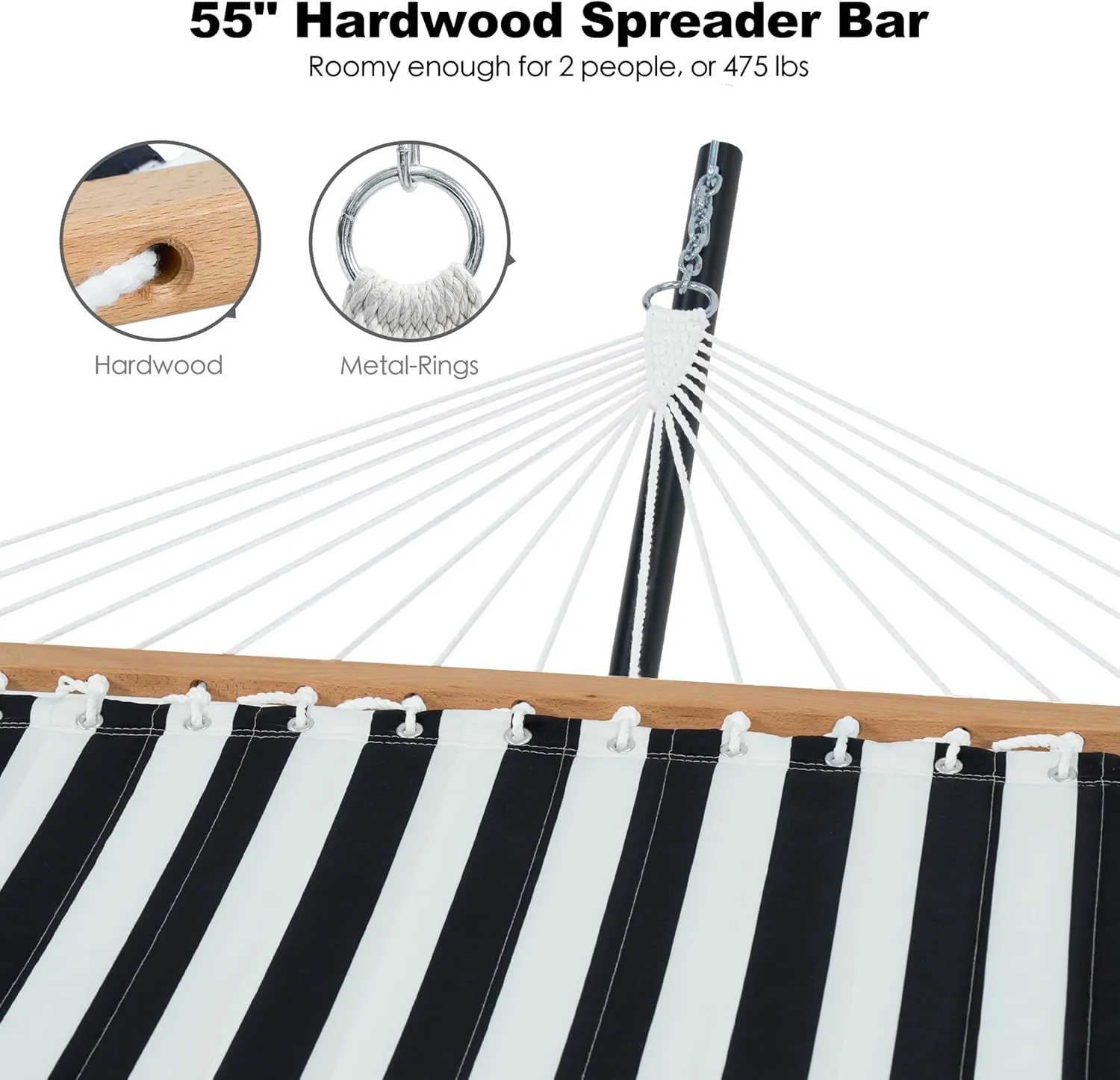 2 Person Hammock with Stand for Outside, 12ft Heavy Duty Steel Stand, Double Hammocks with Hardwood Spreader Bar, Large Removable Pillow, Side Pockets, Max 475 lbs Capacity (Black & White)