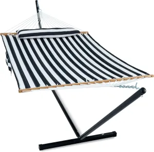 2 Person Hammock with Stand for Outside, 12ft Heavy Duty Steel Stand, Double Hammocks with Hardwood Spreader Bar, Large Removable Pillow, Side Pockets, Max 475 lbs Capacity (Black & White)