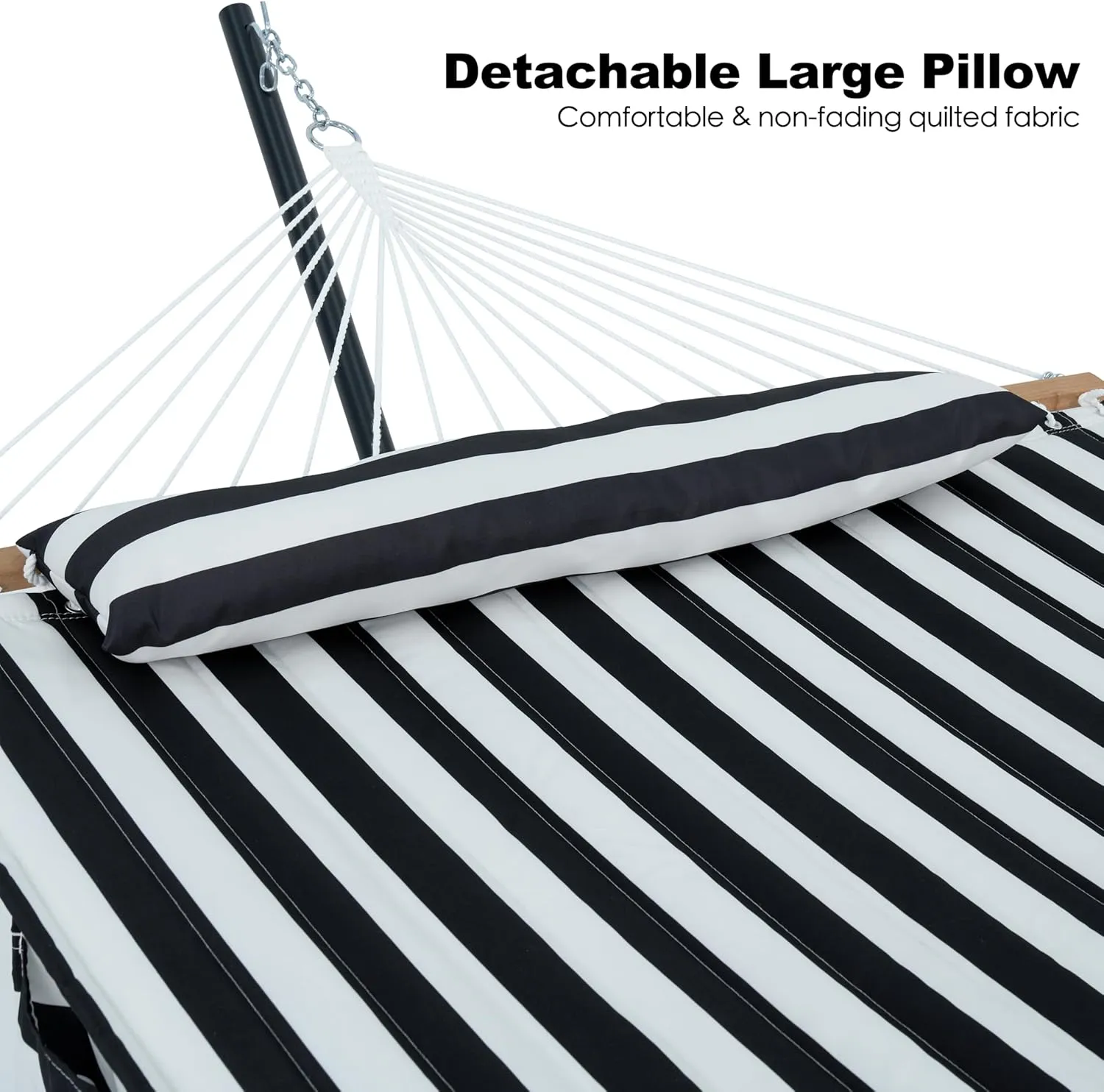 2 Person Hammock with Stand for Outside, 12ft Heavy Duty Steel Stand, Double Hammocks with Hardwood Spreader Bar, Large Removable Pillow, Side Pockets, Max 475 lbs Capacity (Black & White)