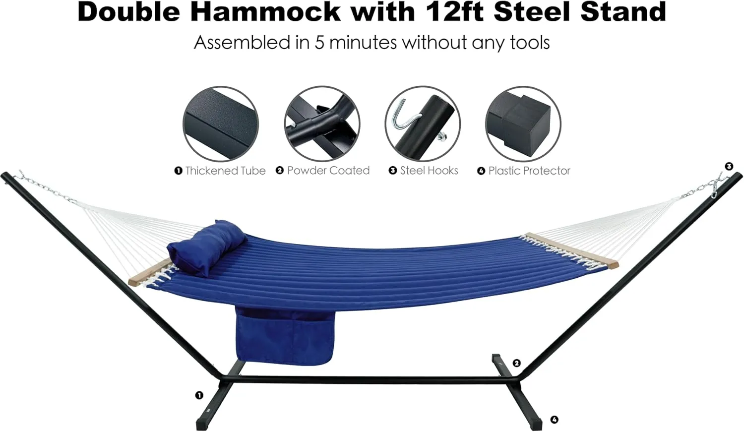 2 Person Hammock with Stand for Outside, 12ft Heavy Duty Steel Stand, Double Hammocks with Hardwood Spreader Bar, Large Removable Pillow, Side Pockets, Max 475 lbs Capacity (Blue)