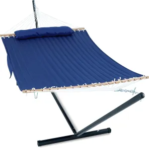 2 Person Hammock with Stand for Outside, 12ft Heavy Duty Steel Stand, Double Hammocks with Hardwood Spreader Bar, Large Removable Pillow, Side Pockets, Max 475 lbs Capacity (Blue)