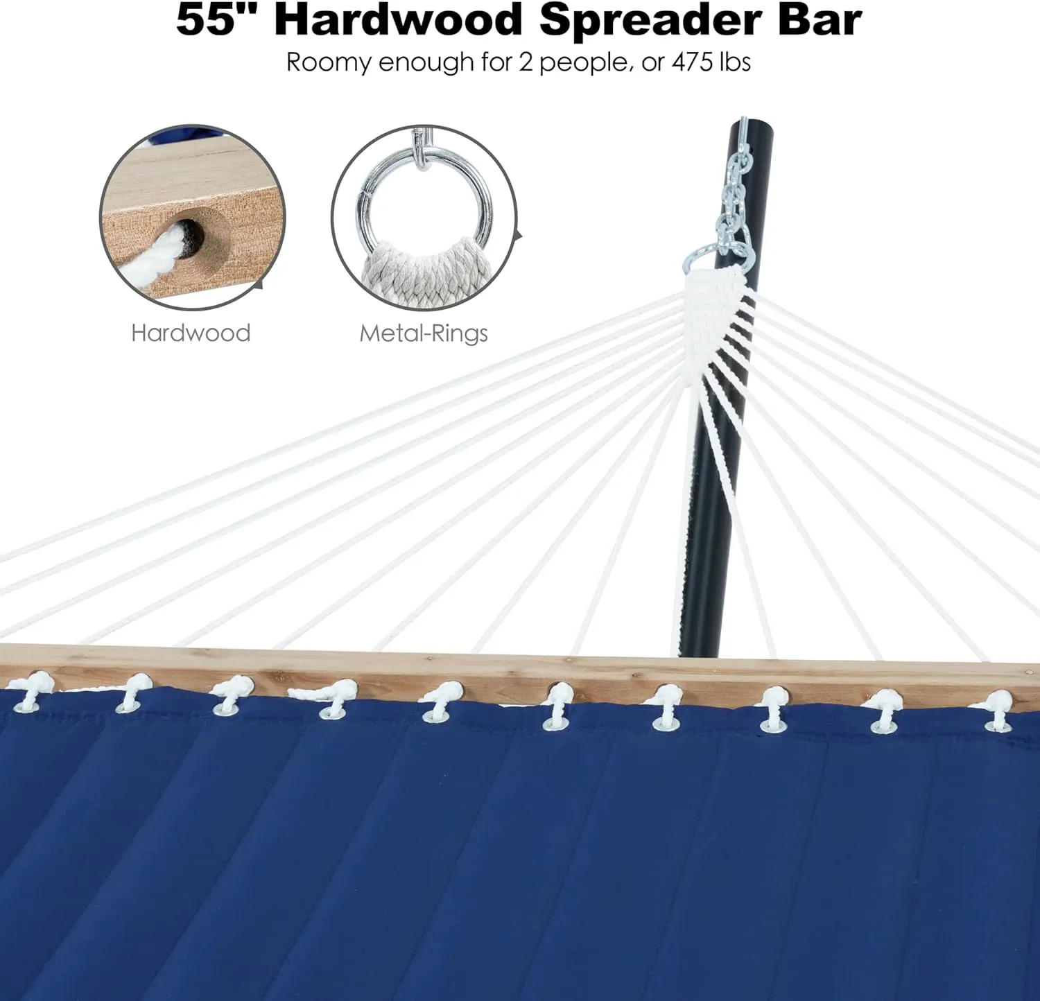 2 Person Hammock with Stand for Outside, 12ft Heavy Duty Steel Stand, Double Hammocks with Hardwood Spreader Bar, Large Removable Pillow, Side Pockets, Max 475 lbs Capacity (Blue)