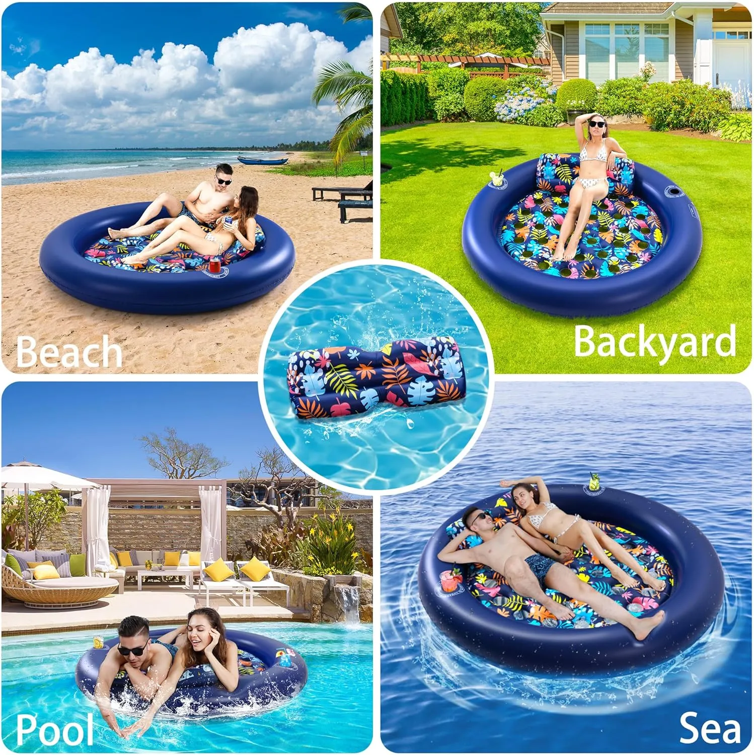 2-Person Pool Floats Adult Heavy Duty, LUSARRYWILL 80"X80" Inflatable Pool Mats with Cup Holders, Detachable Headrest, for Backyard, Water Party, Pool, Lake, Beach, Outdoor, Navy Blue
