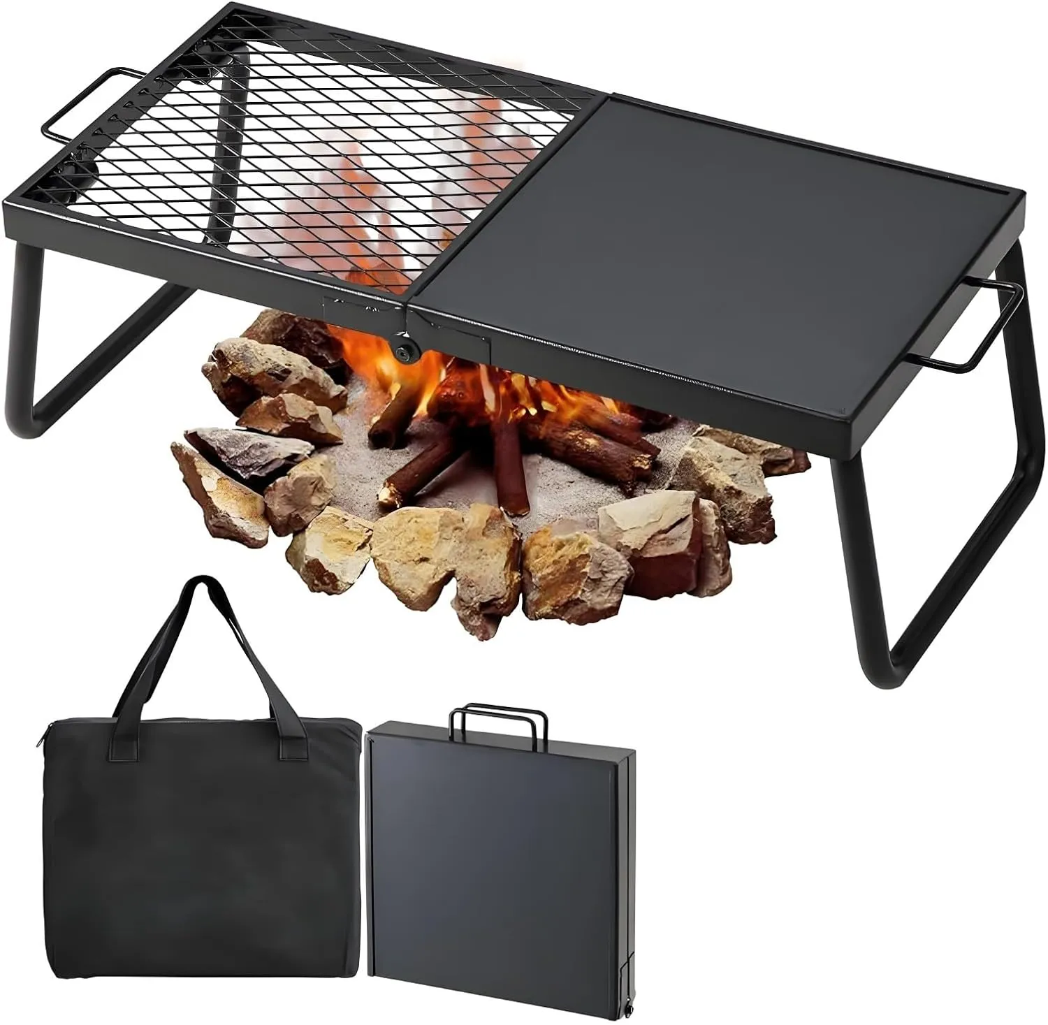 22.4" Folding Campfire Grill, Heavy Duty Steel Mesh Grate with Legs Portable Camping Cooking Equipment for Outdoor Open Flame Grilling(Includes Carrying Bag)