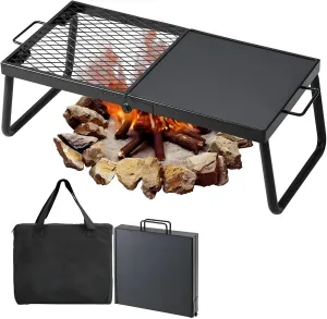 22.4" Folding Campfire Grill, Heavy Duty Steel Mesh Grate with Legs Portable Camping Cooking Equipment for Outdoor Open Flame Grilling(Includes Carrying Bag)