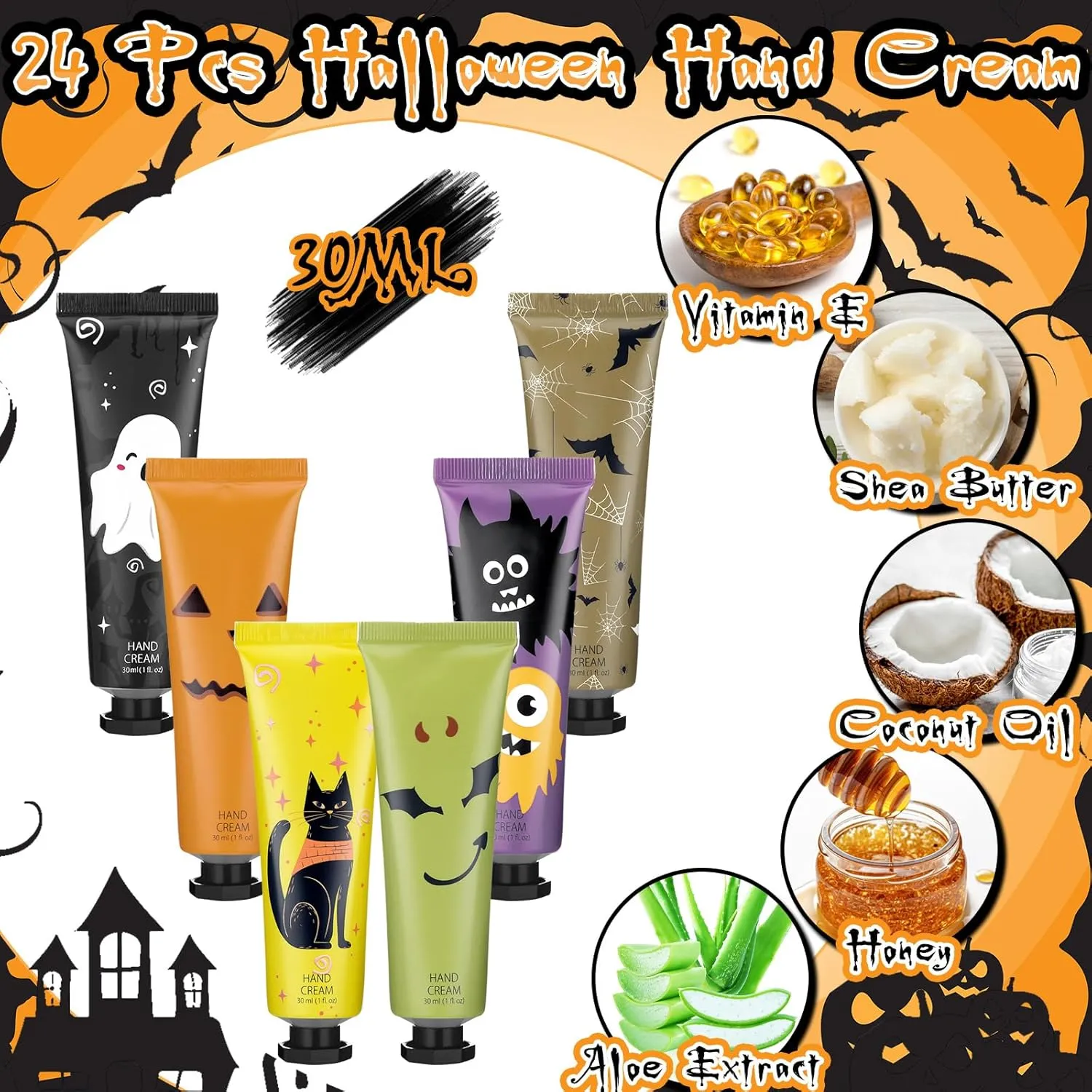 24 Pack Halloween Hand Cream Gift Sets for Women Ghost Mini Hand Lotion Bulk Travel Size Moisturizing Cream Halloween Party Favors Gifts for Stocking Stuffers 6 Natural Plant Fragrances
