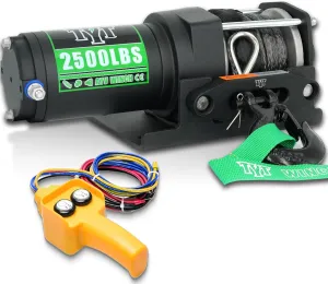 2500 lb ATV Electric Winch, 12V DC, Heavy Duty Synthetic Winch Rope 1/5" x 32FT, Wired Remote Control, Includes Fairlead, Winch Mounting Plate, Ideal for Off-Road, ATV, UTV, Boat Towing Off Road