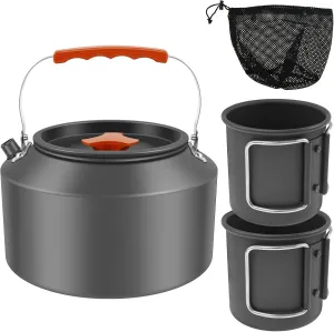 2.5l Camping Kettle Set with 2 Cups, Heat Evenly Camp Kettle, Sturdy Rustproof Camping Coffee Pot, Lightweight Portable Tea Kettle for Outdoor Camping Hiking Picnic Traveling