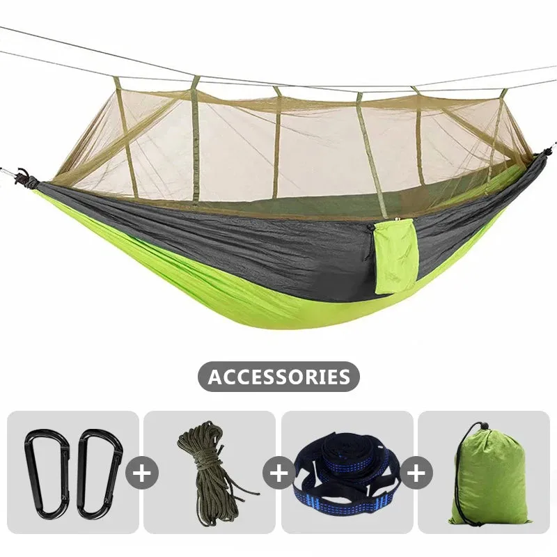 260x140cm Camping Hammock with Mosquito Net Double Travel Hanging Sleeping Bed Swing with Tree Straps for Travel Survival Garden