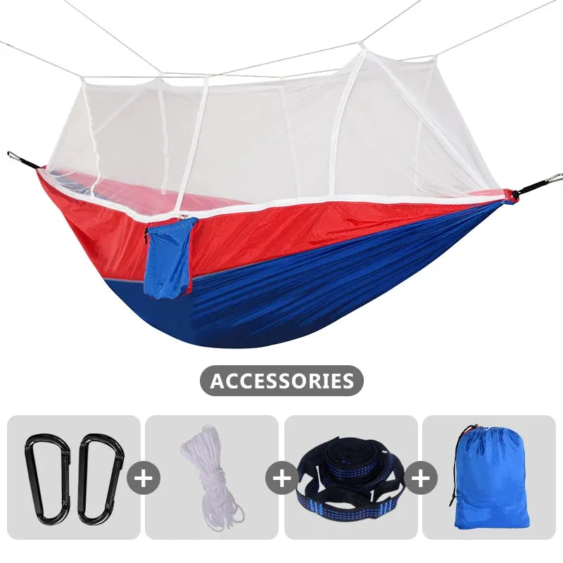 260x140cm Camping Hammock with Mosquito Net Double Travel Hanging Sleeping Bed Swing with Tree Straps for Travel Survival Garden