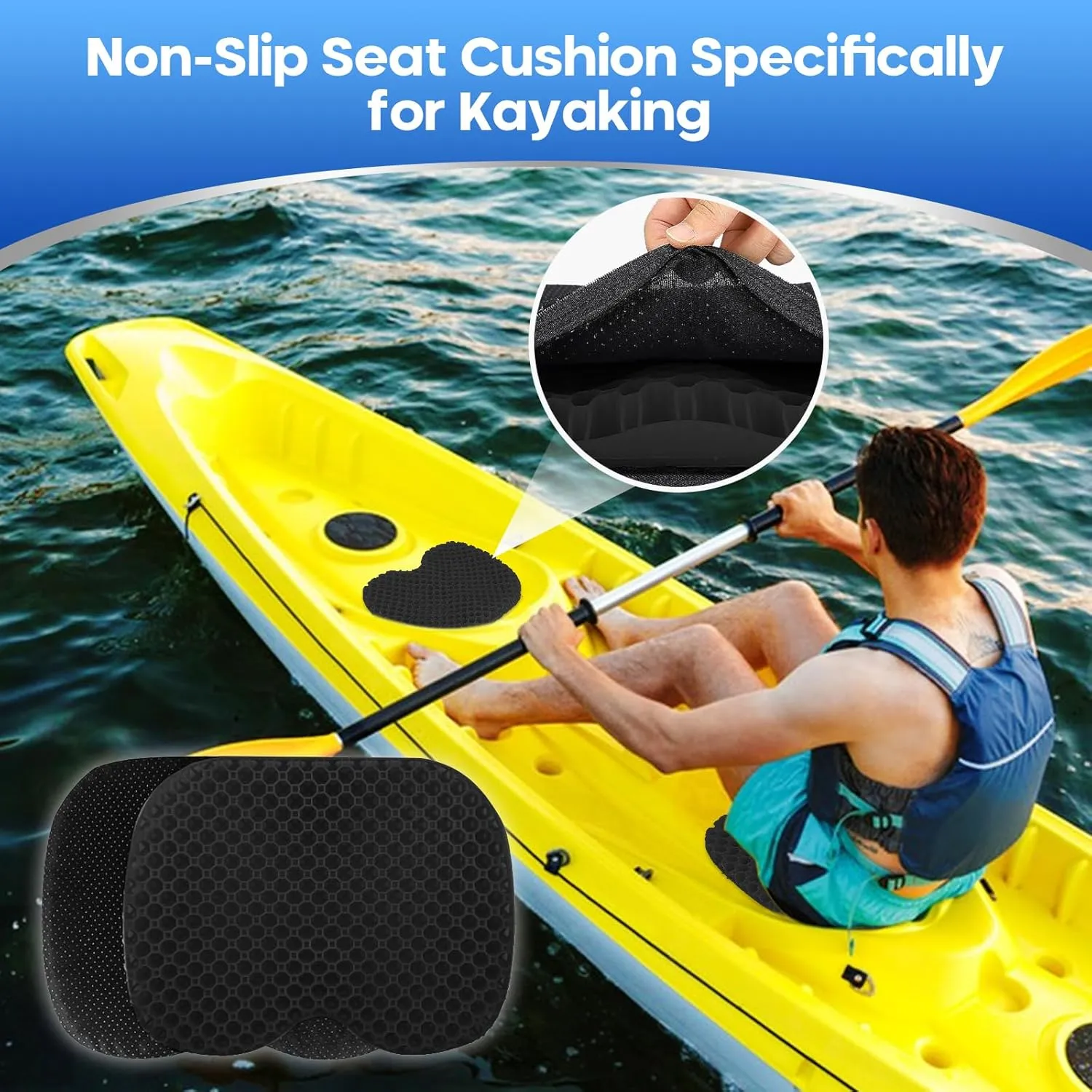 2PCS Anti Slip Kayak Gel Seat Cushion with Cover, Waterproof Seat Cushion Kayak Seat Pad for Sit in Inflatable Kayak, Canoe & Boat Fishing, Rowing, Lifetime Kayak Accessories (Black)