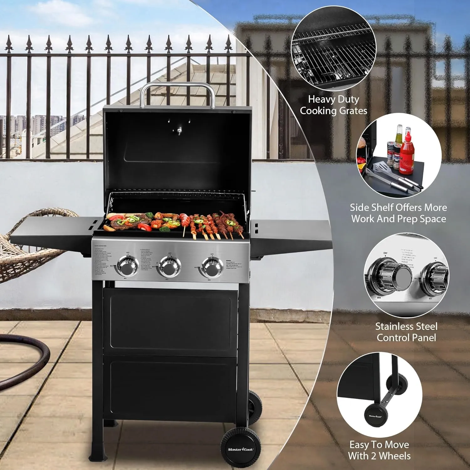 3 Burner BBQ Propane Gas Grill, Stainless Steel 30,000 BTU Patio