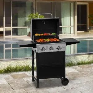 3 Burner BBQ Propane Gas Grill, Stainless Steel 30,000 BTU Patio