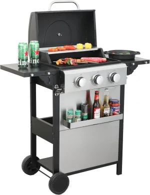 3-Burner Propane Gas BBQ Grill with Wire Enamel Cooking Grids & Thermometer, 25,650 BTU Output Stainless Steel Grill with Foldable Side Table for Outdoor Barbecue (3 Burner)