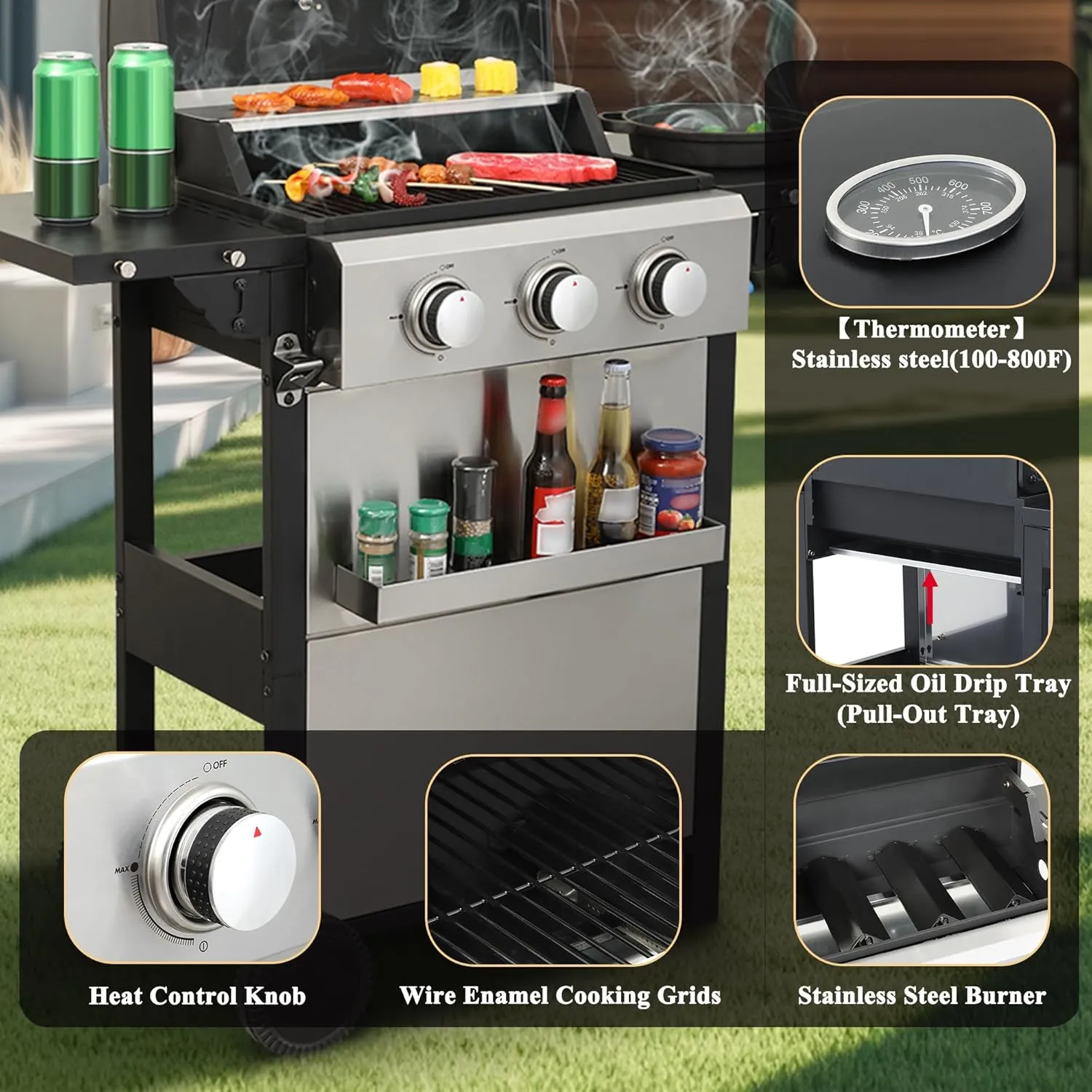 3-Burner Propane Gas BBQ Grill with Wire Enamel Cooking Grids & Thermometer, 25,650 BTU Output Stainless Steel Grill with Foldable Side Table for Outdoor Barbecue (3 Burner)