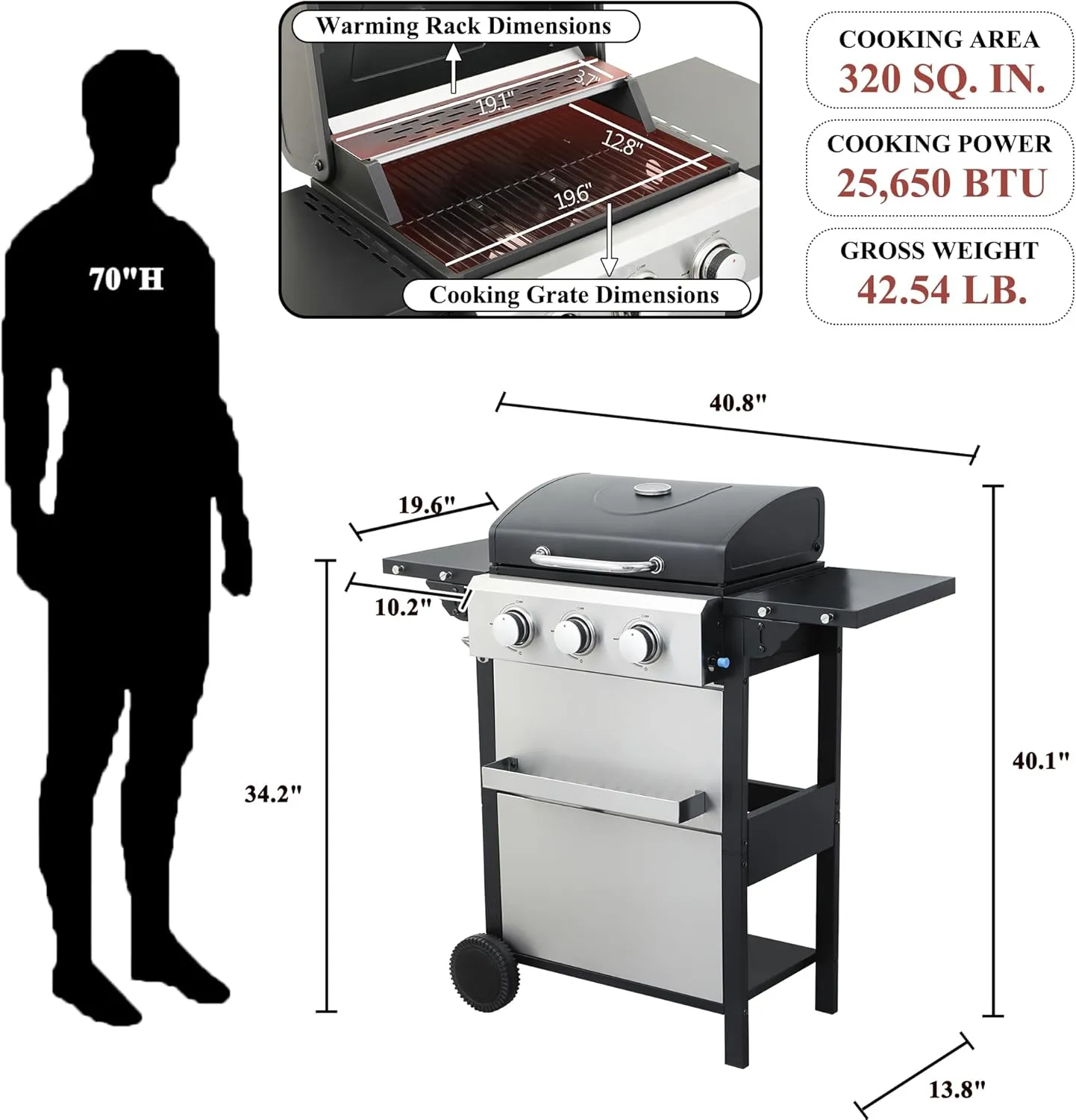 3-Burner Propane Gas BBQ Grill with Wire Enamel Cooking Grids & Thermometer, 25,650 BTU Output Stainless Steel Grill with Foldable Side Table for Outdoor Barbecue (3 Burner)